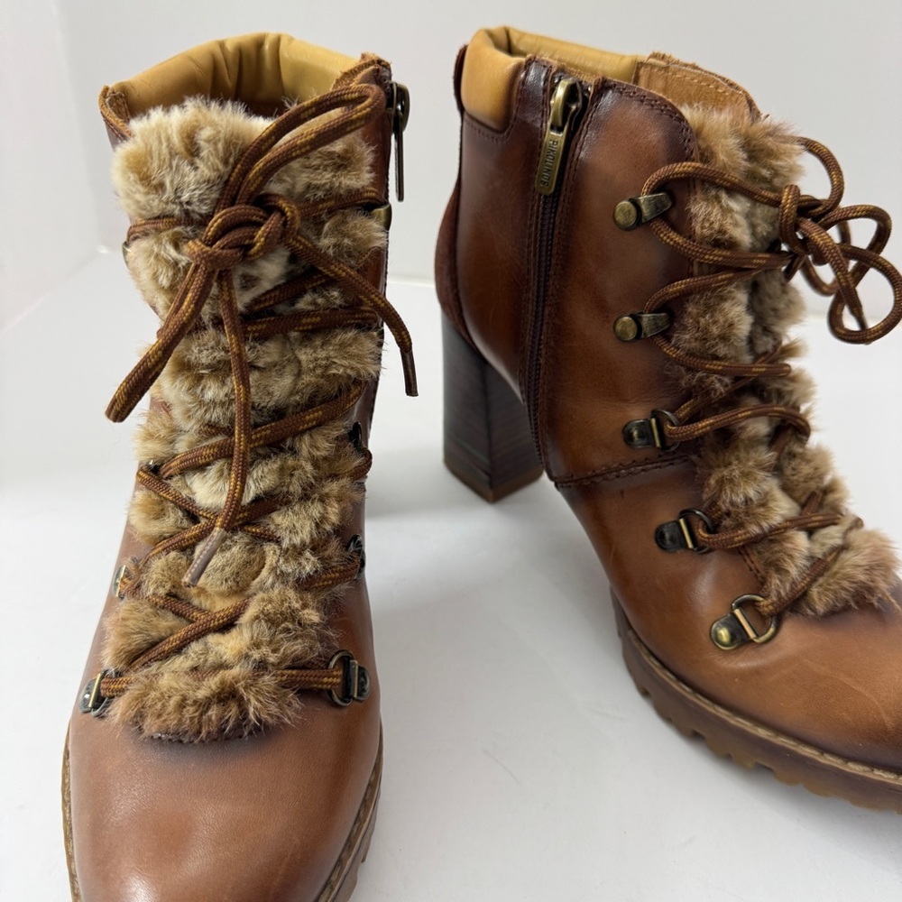 Pikolinos Womens leather lace-up ankle boots heels faux fur brown sz 38 - Picture 11 of 13